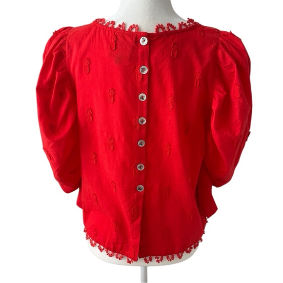 FARM Rio Pineapple Embroidered Puff Sleeve Blouse Top Red Cotton Size Medium - Picture 3 of 8